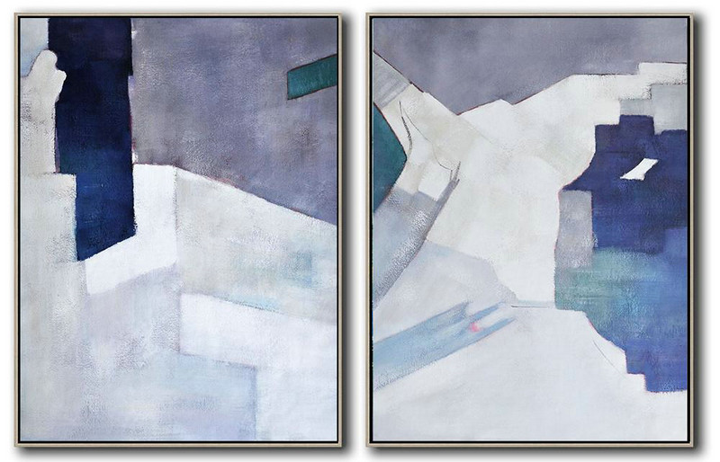 Set Of 2 Contemporary Art On Canvas,Oversized Canvas Art,Violet Ash,Dark Blue,White,Blue